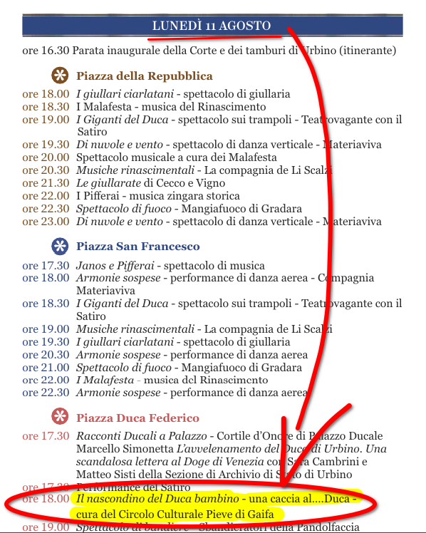 Screeshot del programma per la Festa del Duca 2025 all'11 Agosto con annotata in rosso ed evidenziata in giallo la riga dell'evento curato dal Circolo