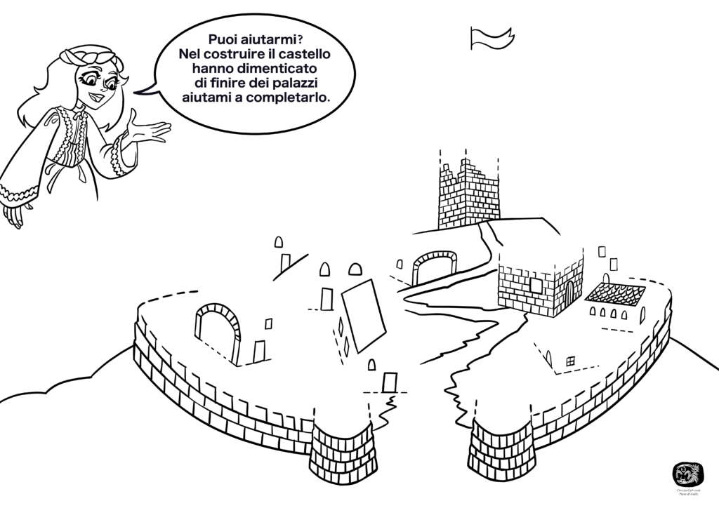 Illustrazione da completare con la ricostruzione del Castello di Primicilio e un personaggio che chiede aiuto in fumetto