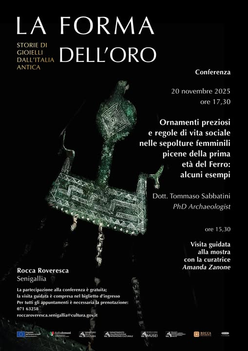 Locandina conferenza con pendaglio piceno di Canavaccio a mostra "La Forma dell'Oro" Senigallia